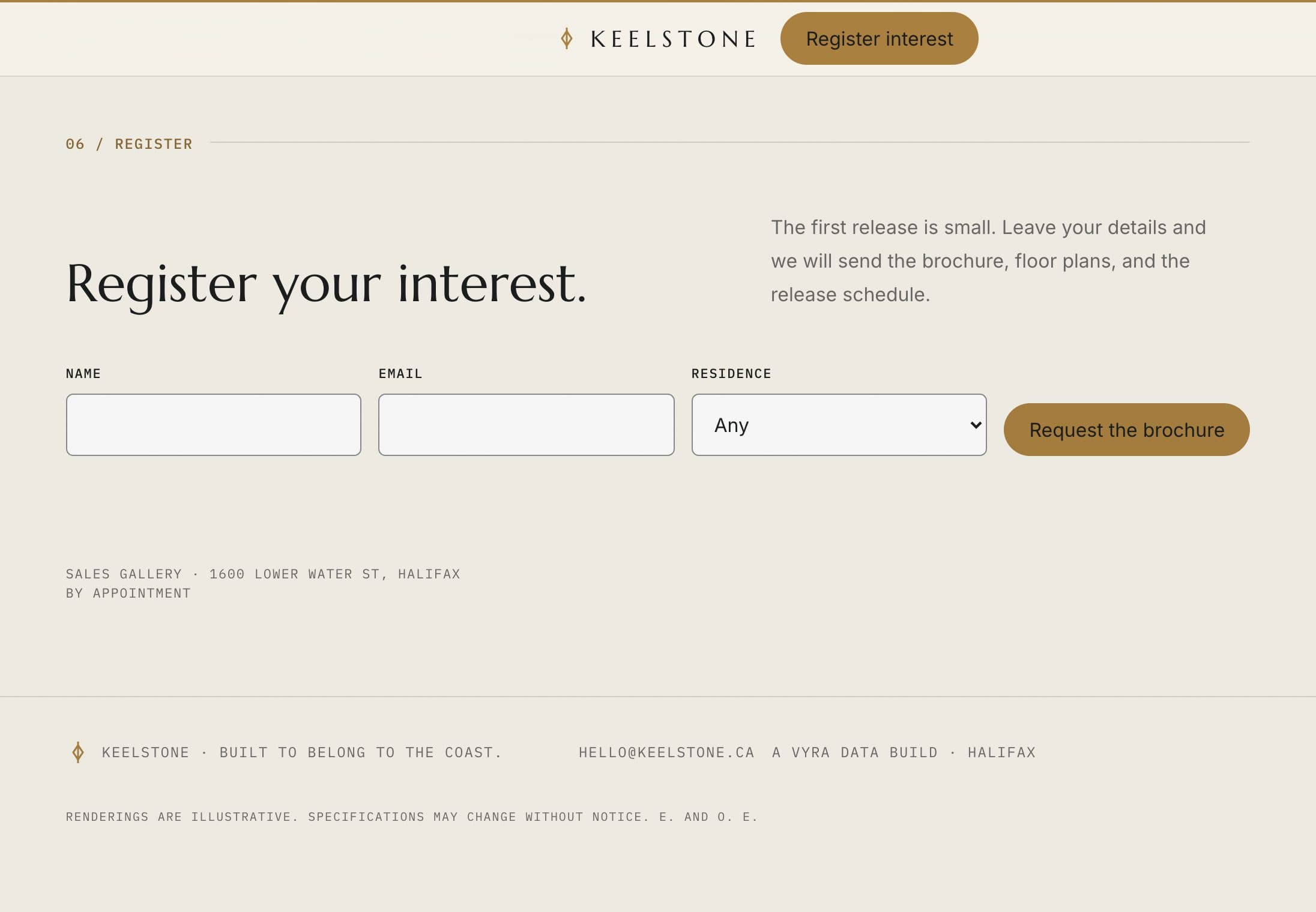 The KEELSTONE demo register section: an obvious next step to request the brochure with name, email, and residence.
