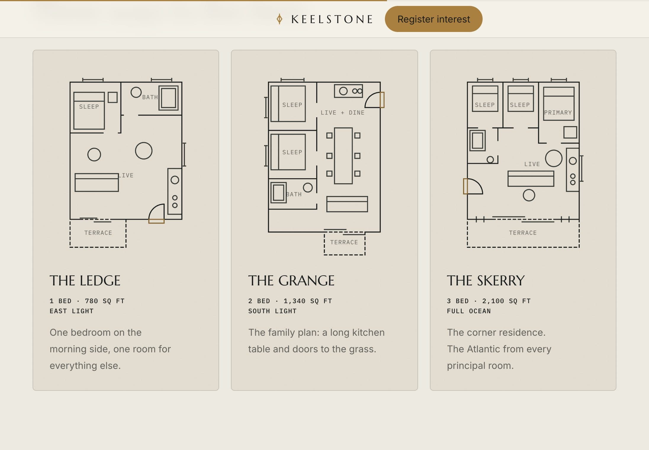 The KEELSTONE demo residences: real floor plans, sizes, and honest detail across three homes.